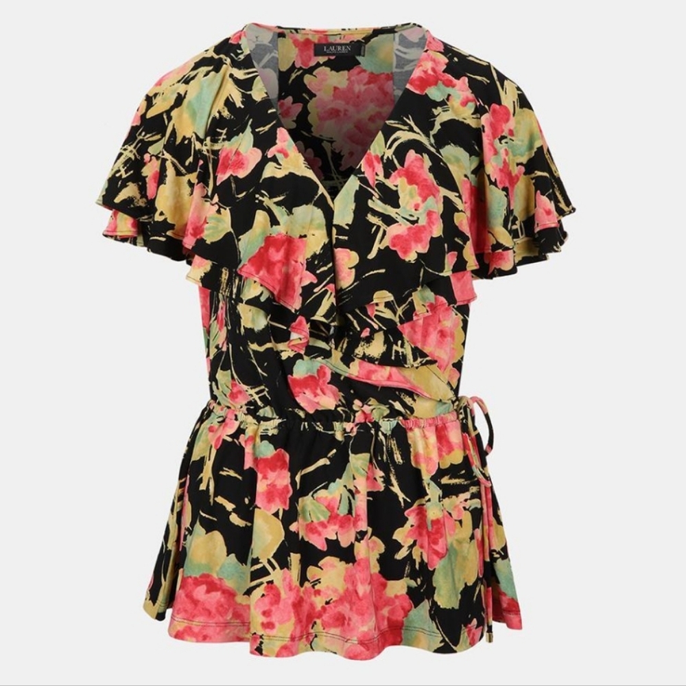 NWT RALPH LAUREN XL Black Red Floral Ruffle Surplice Jersey Top $145
